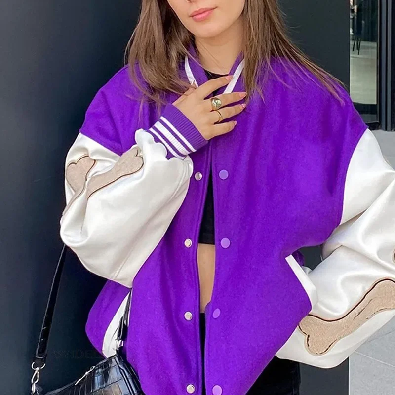 Women's Baseball Jacket Leather Sleeve Patchwork Hip-hop Bone Embroidery Autumn and Winter New Thickened Jacket 2024 New YDL38