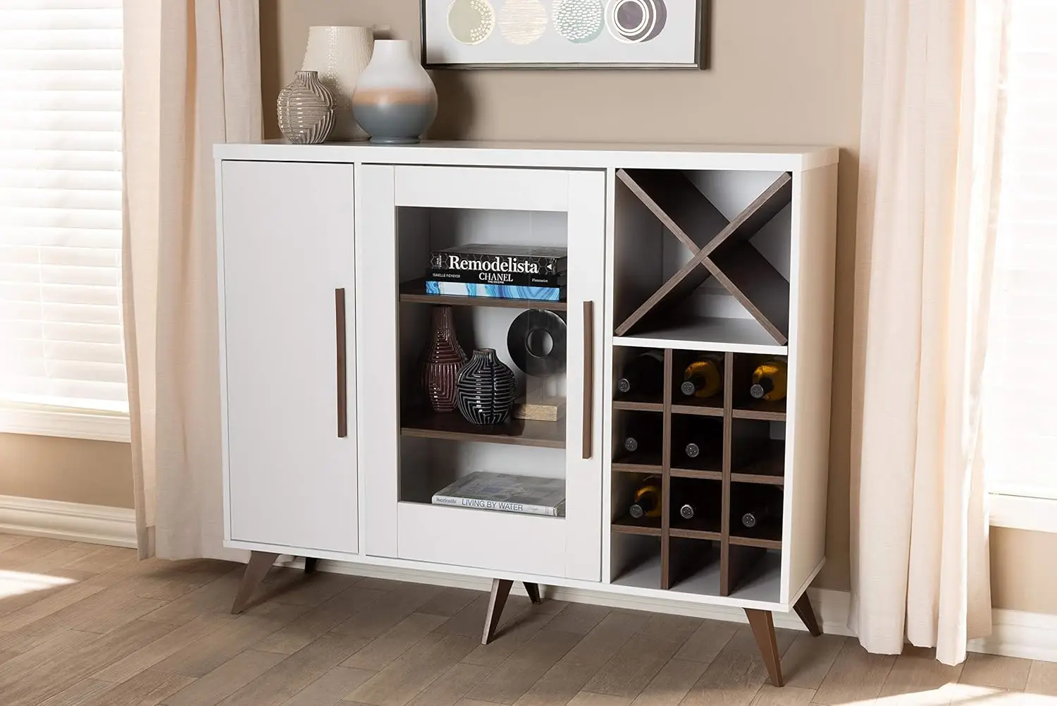 Pietro Mid- Modern White And Walnut Finished Wood Wine Cabinet