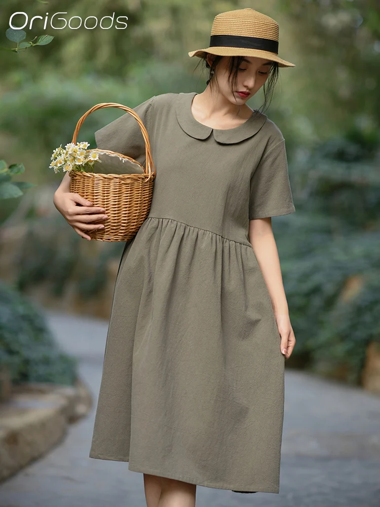 

OriGoods 2024 New Summer Dress Women 100% Cotton Peter pan Collar Girl Dress Cute Kawaii Korean Japan style Dresses Woman Q092