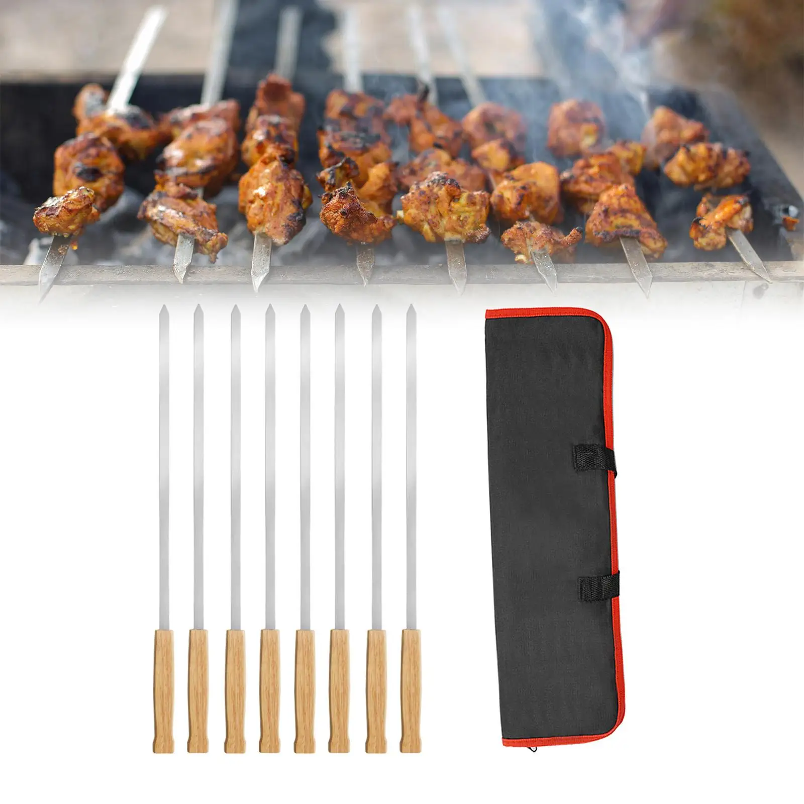 8Pcs Kebab Stick Metal Skewers for Grilling Kabob Skewer Flat Long Shish Kebab Skewers for Prawn