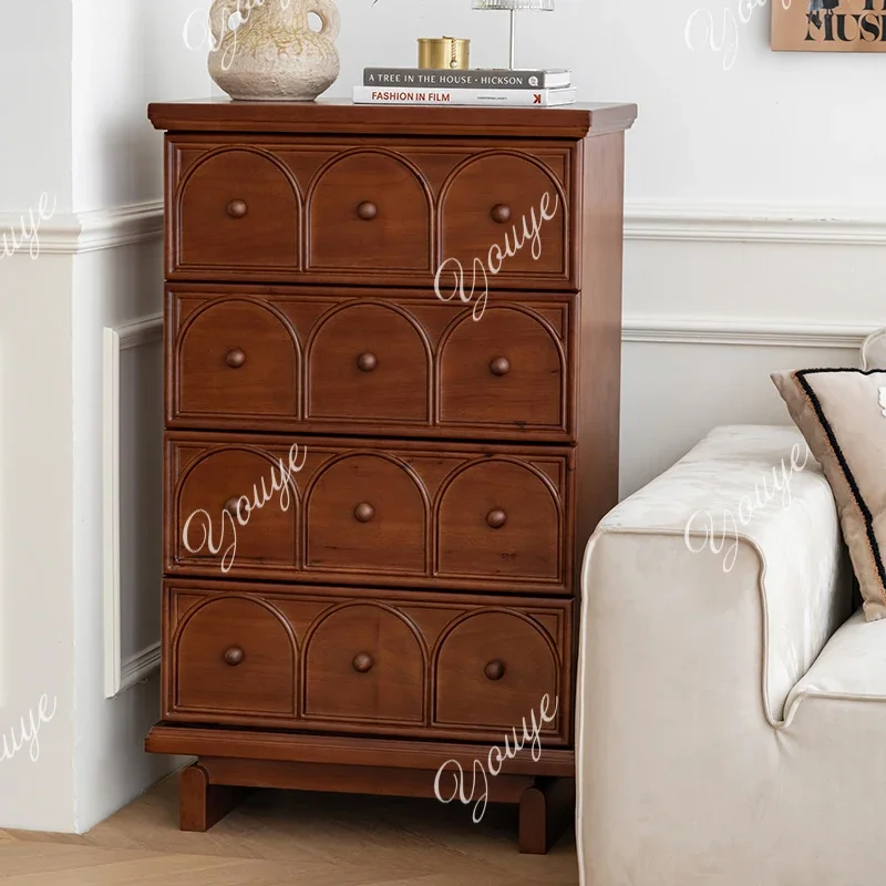S Retro Solid Wood Four-chest Cabinet Small Apartment Living Room Drawer Cabinet Light Luxury Storage Locker Side Cabinet