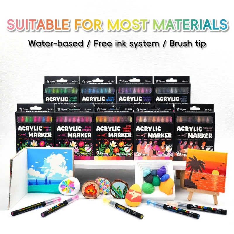 9Colors Direct Liquid Acrylic Marker Pen Soft Brush Tip Non Bleed Layable Paint Pen For DIY Hand Painting Multi Surface Graffit