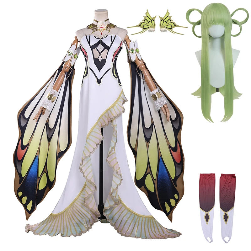 Code Geass CC Cosplay-Kostüm Lelouch of The Rebellion C.C. Schmetterlings-Kleid Perücke Haarnadeln Damen Halloween Karneval Party Outfits