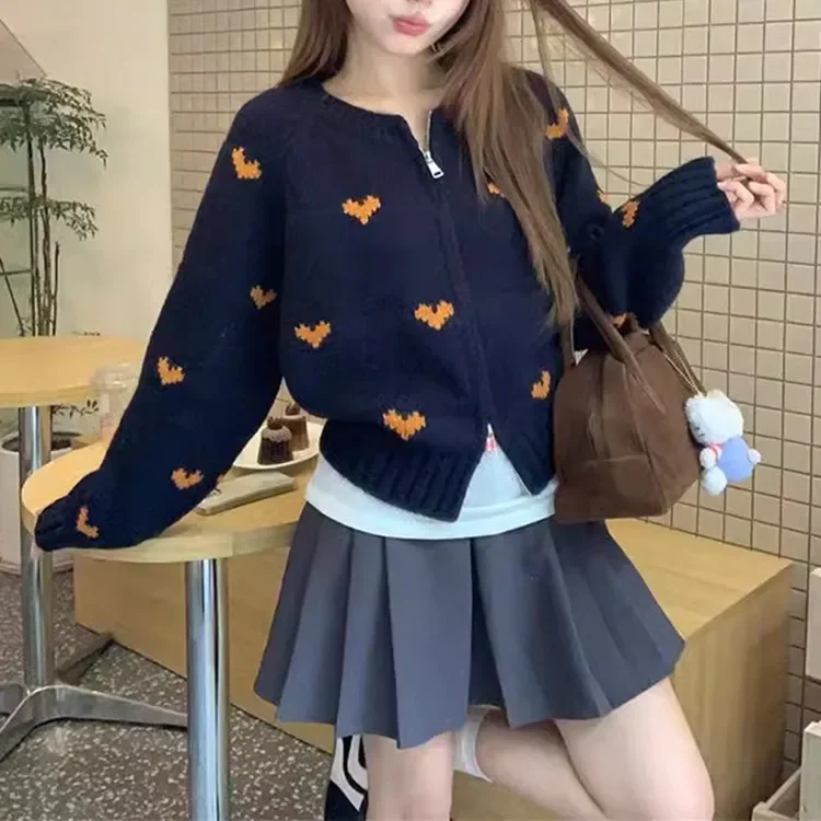 Gagaok Sweet Heart Jacquard Women Cardigans Gentle Round Neck Short Sweater Jacket Autumn Double Zipper Knitted Cardigan Top