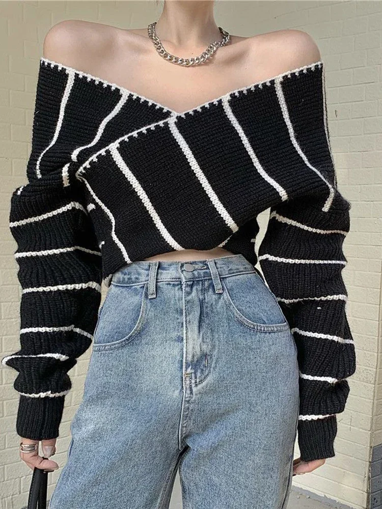 Striped Sweater Women Off Shoulder Long Sleeve Slim Knitted Pullover Female Elegant Sexy Contrast Color Versatile Short Jumper