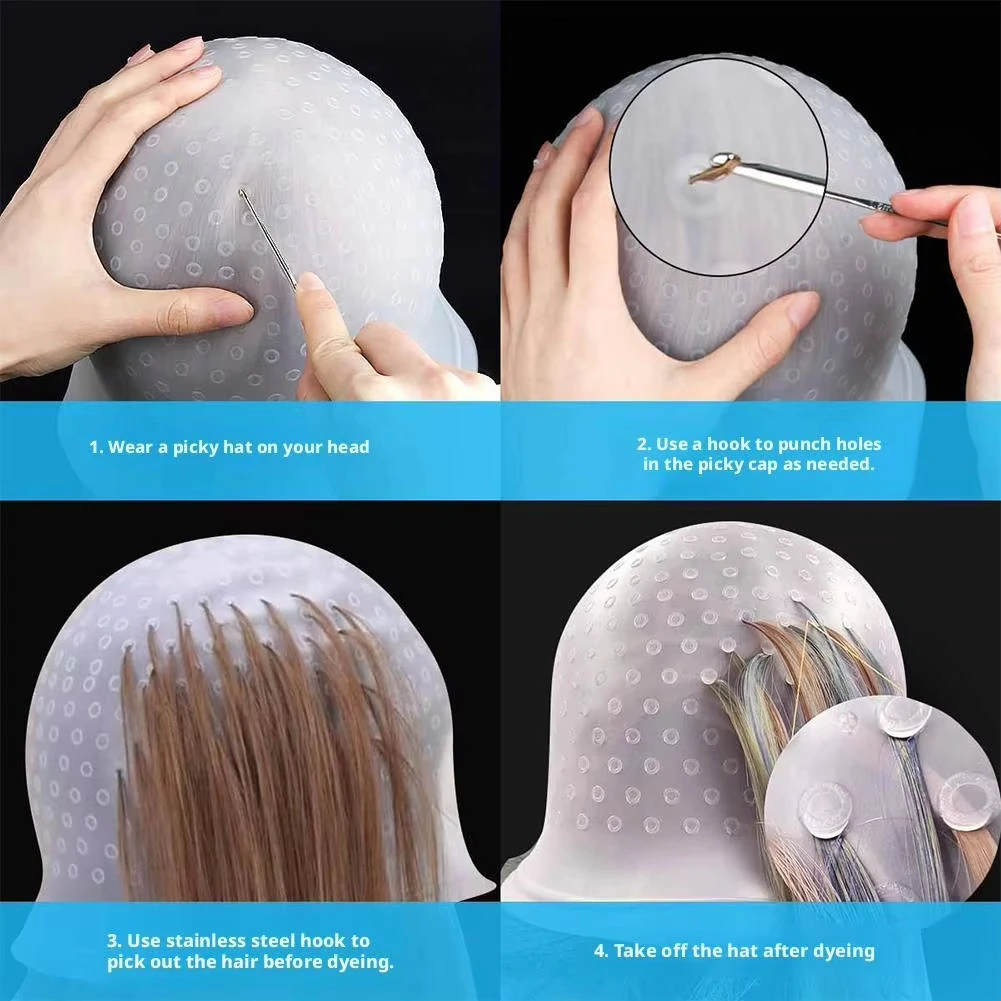 Multicolor Reusable Silicone Hair Coloring Cap with Hook for Home Salon Hair Dye Staining Cap