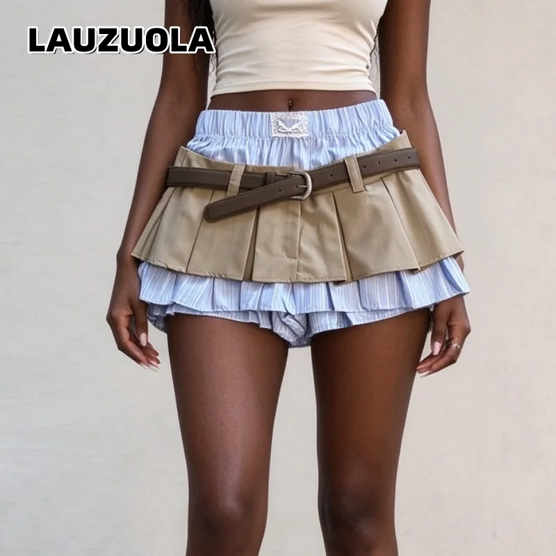 Women Layered Pleated Mini Skirt With Belt Fake Two Piece Striped Shorts Skirt Low Waist Tiered Skort Streetwear