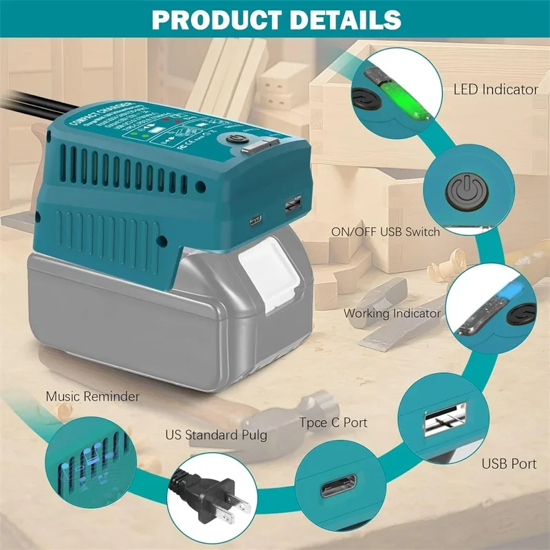 شاحن سريع محمول لبطارية ماكيتا 18 فولت BL1830 BL1850 BL1860 مع مخرج USB ونوع C 110 فولت 3A للتخييم والسفر