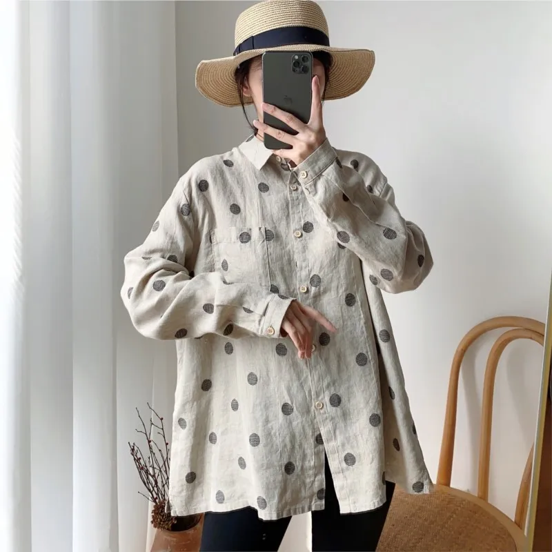 Johnature Summer New Vintage Linen Wave Point Women Tops Shirts 2024 Casual All Match Turn-down Collar Sun Protection Blouses