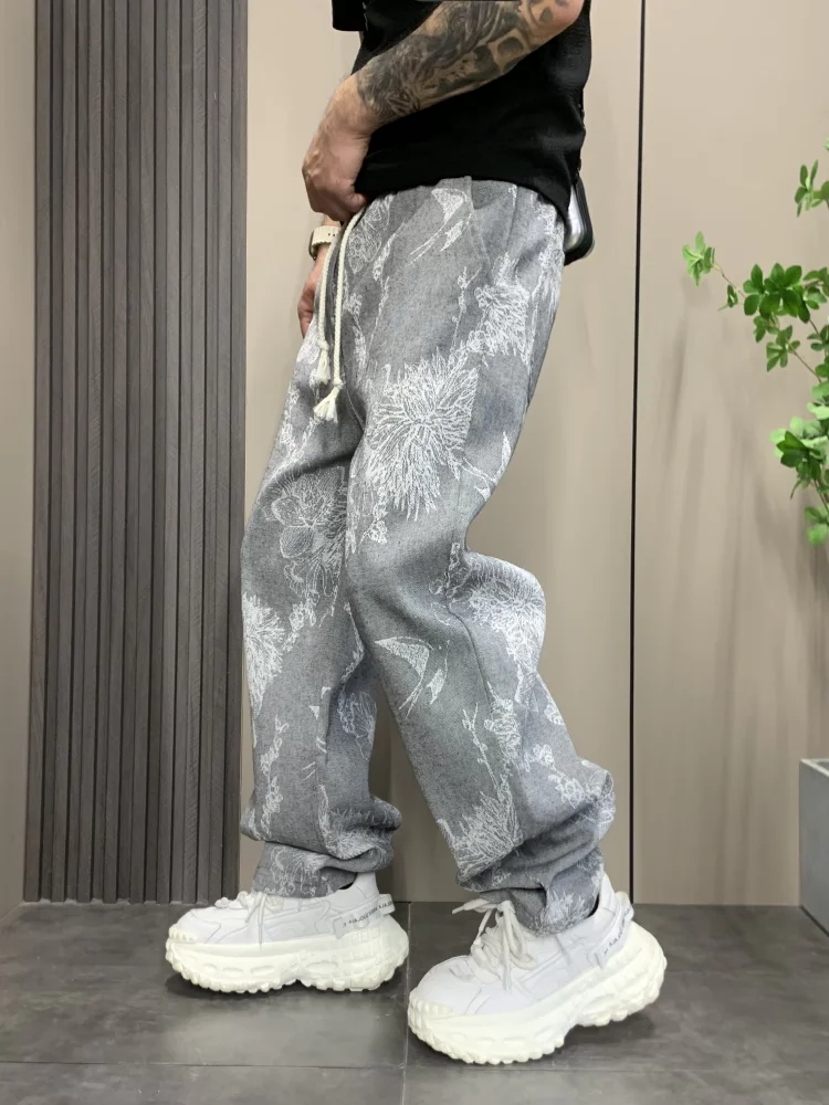 Men's Summer New Vintage High-End Straight Floral Loose Personal Style Trendy Casual Pants Autumn Winter Fashion Y2k Trousers