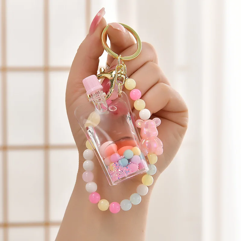 Cartoon Colorful Perfume Bottle Key Chain Floating Liquid Quicksand Jelly Bean Keyring Bag Pendant Keychain Decoration