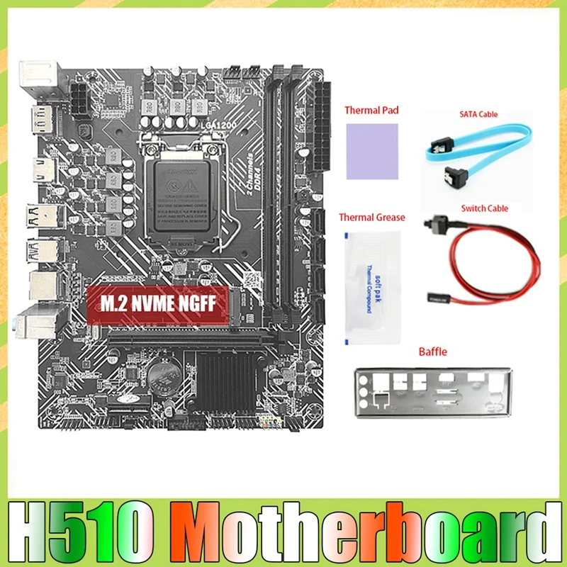 

Материнская плата H510 для настольных ПК + кабель SATA + перегородка + термопаста LGA1200 DDR4 Gigabit LAN для процессора I3 I5 I7 10/11th серии