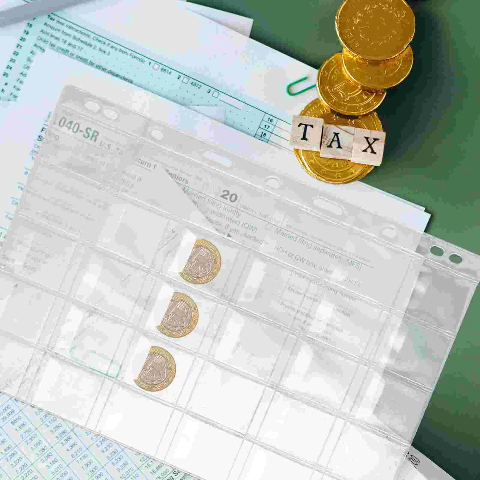 10 hojas de soportes de página de colección de monedas, cajas de recolección de despensa, Clips de carpeta, Protector de moneda