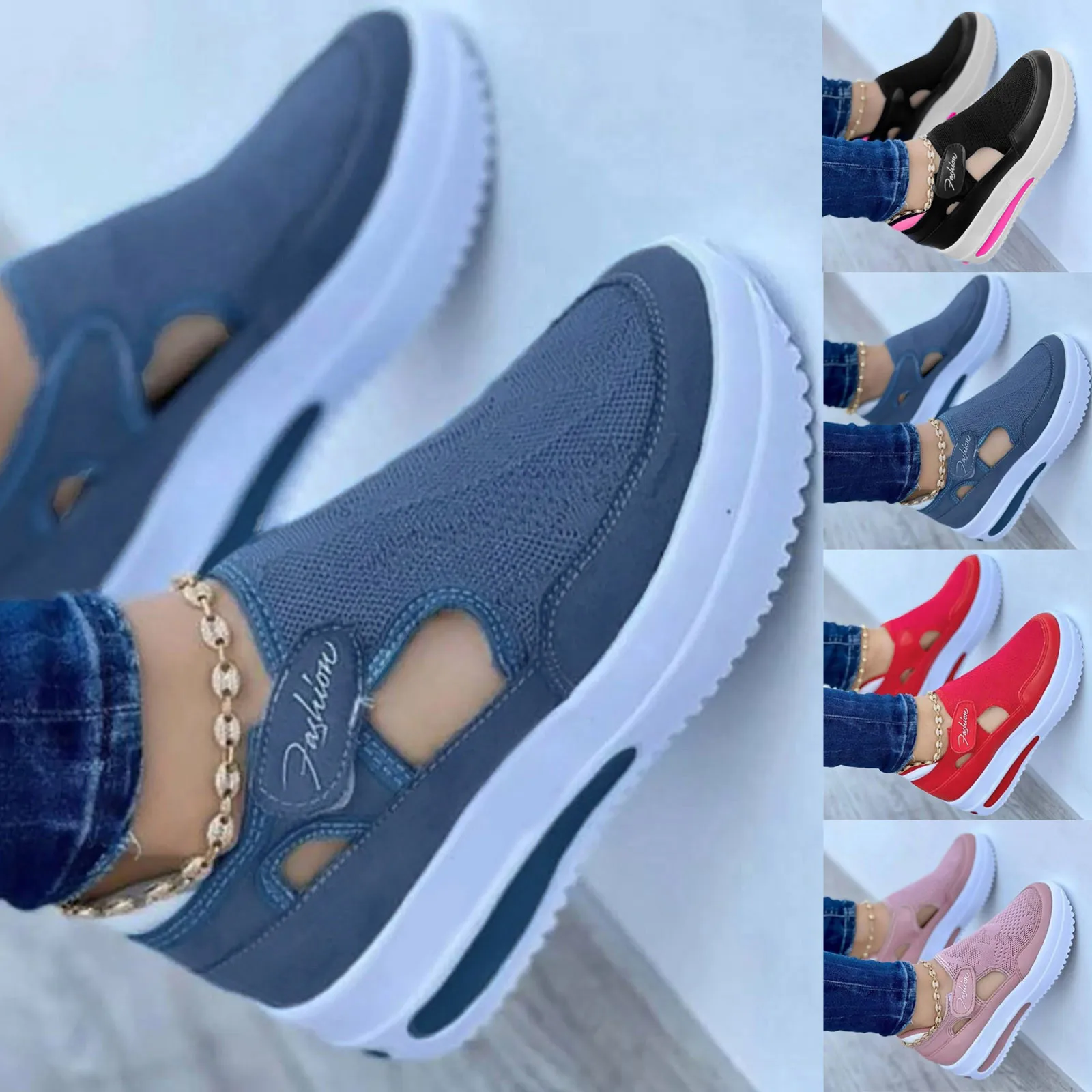 

Туфли женские на платформе, однотонные лоферы на низкой платформе, вязаные, без застежки, толстая подошва, Повседневная Мягкая дышащая теннисная обувь