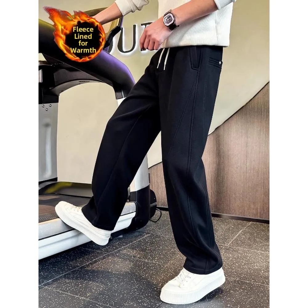 

Мужские осенне-зимние утепленные повседневные брюки на флисовой подкладке, универсальные, спортивные, однотонные, с высокой талией, прямые, из смесового хлопка