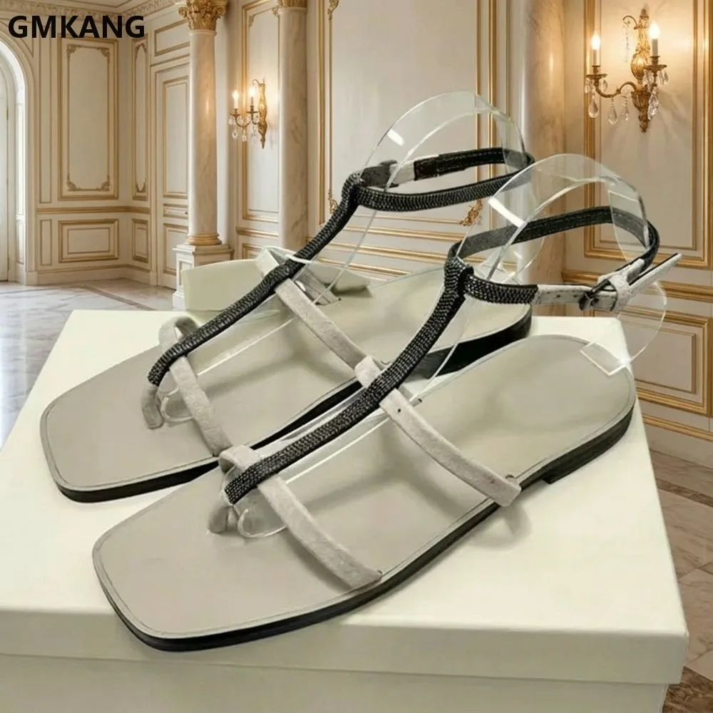 Women's Flip Flops Summer Sandals GMKANG String Bead Chain Narrow Band Flat Beach Party Shoes Cow Suede Ankle Strap Sandalias