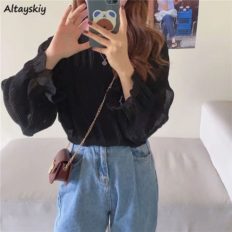 

Blouse Women Spring Long Sleeve Folds Comfort Solid Casual All-match Elegant Fashion Elasticity Baggy Streetwear Korean Style