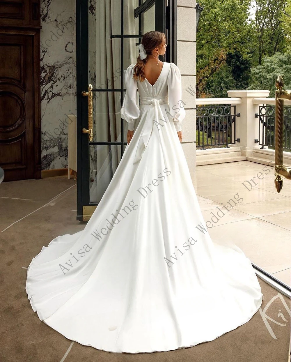 Vestido de casamento simples profundo com decote V, mangas longas, vestidos de noiva sem encosto, cetim A Line, até o chão, novo