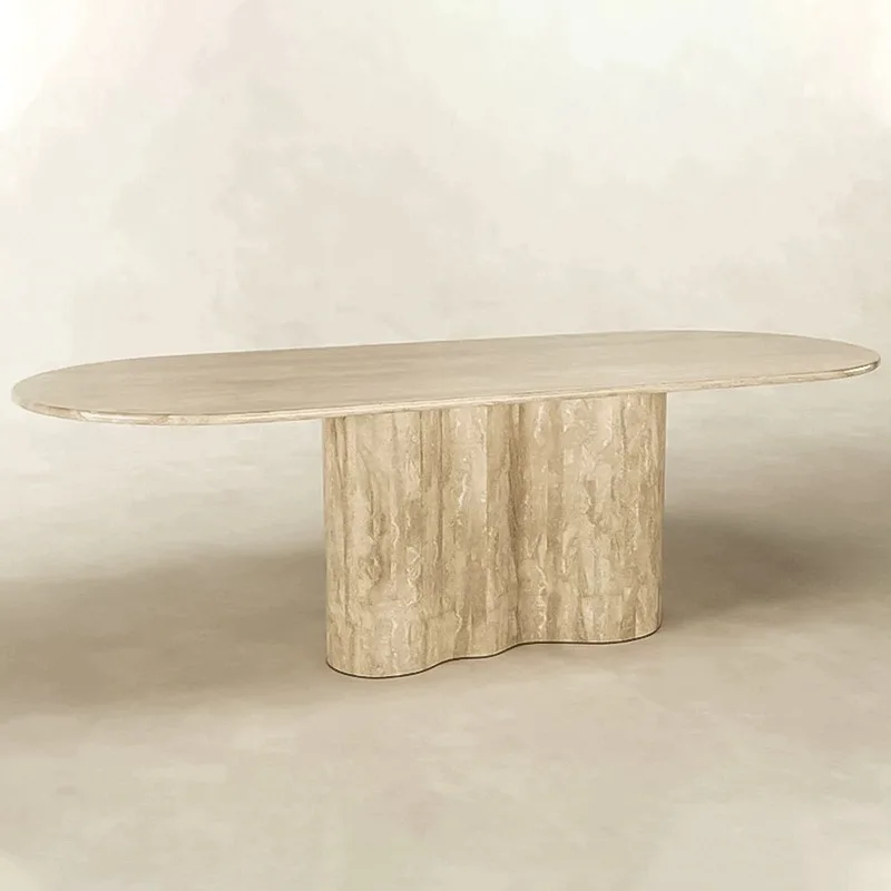 

Nordic natural travertine dining table wabi wind marble negotiation table rectangular light luxury