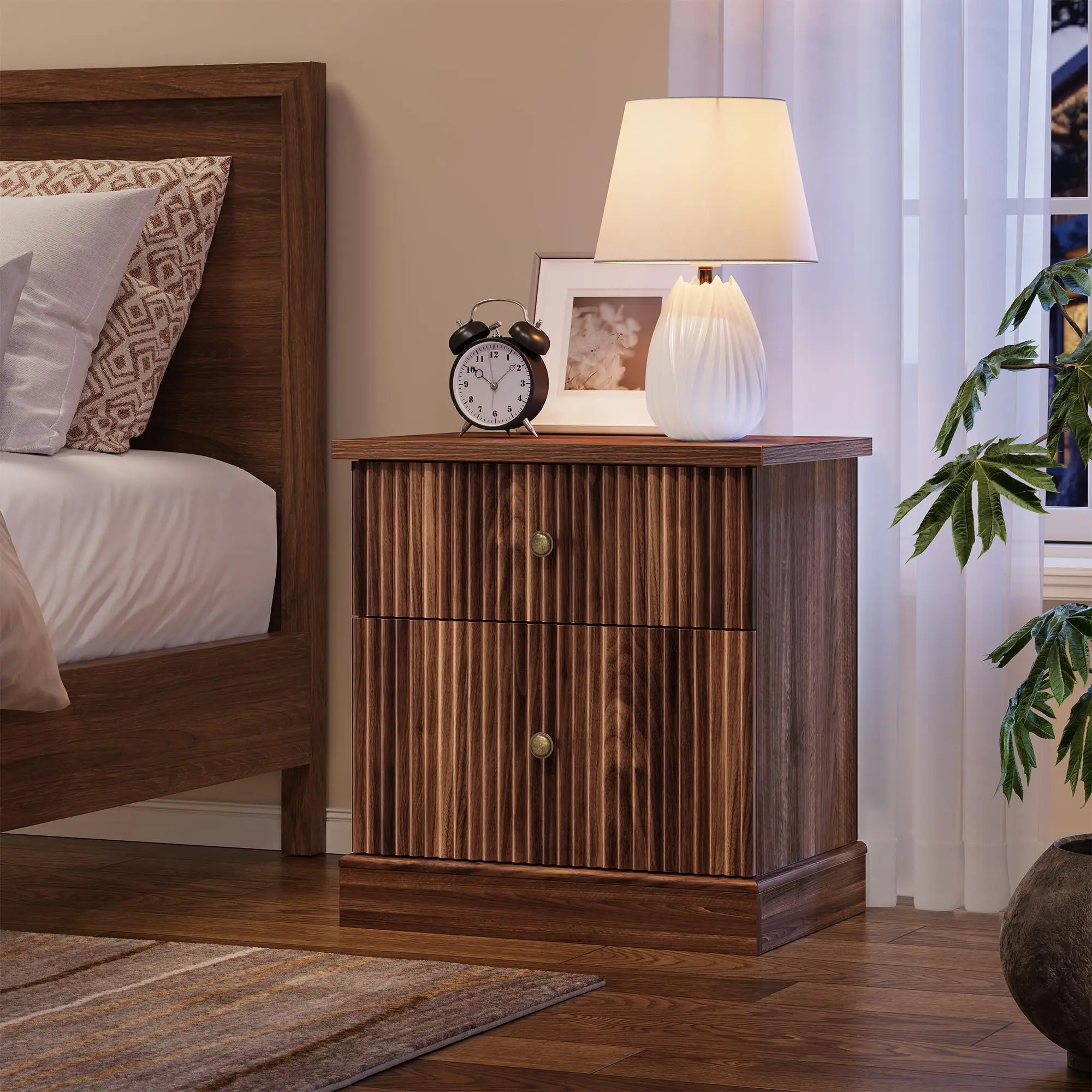 

Modern Fluted Nightstand 24 Inch Bedside Table With 2 Drawers Small Accent Storage Cabinet Curved Stable Base Side End Table Natural