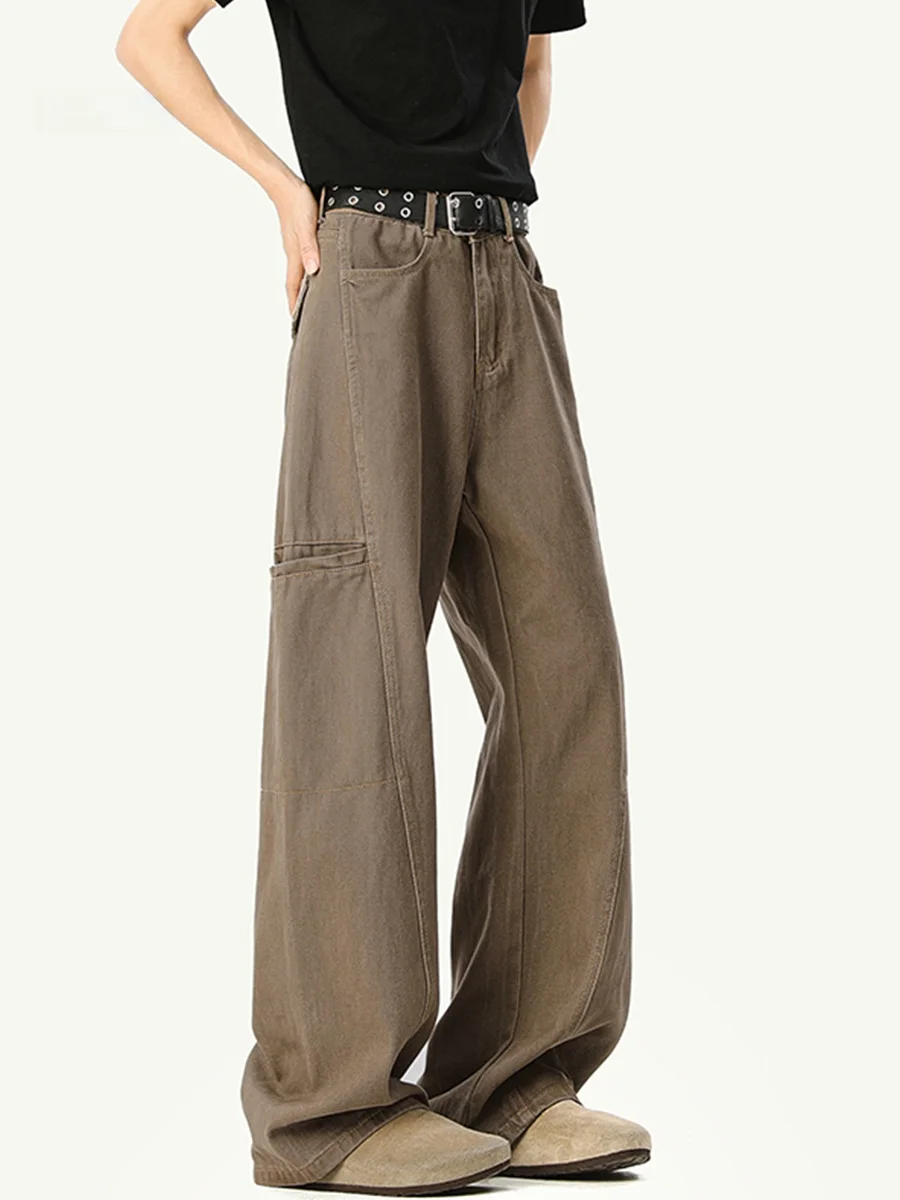 

Мужские джинсы свободного прямого кроя для работы, весенние, с широкими штанинами, с множеством карманов, повседневные, модные, городские, из полиэфирного волокна