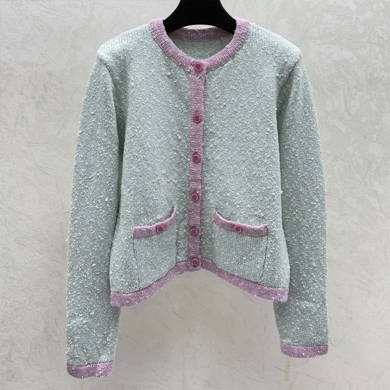 

High quality Color matched edge women's round neck single button cardigan sweater woman knitwear 251221142
