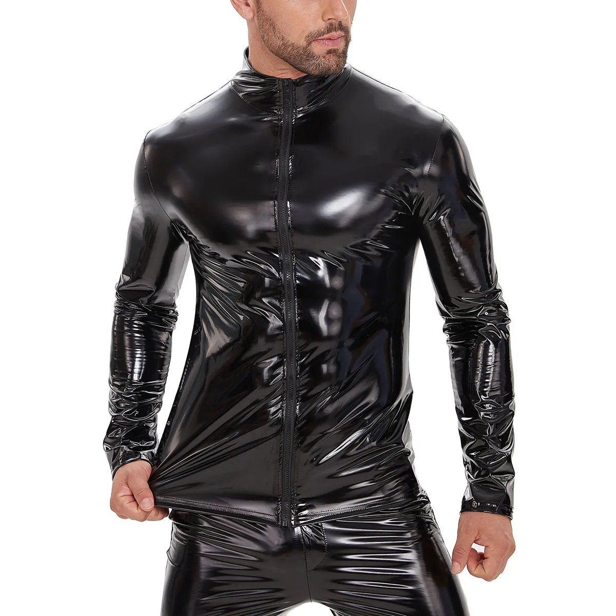 Plus Size Mens Shiny Leather Shirt Long Sleeve Full Zippper Glossy PVC Leather Tops Male Wetlook Latex Shaping Casual Coat Sexi