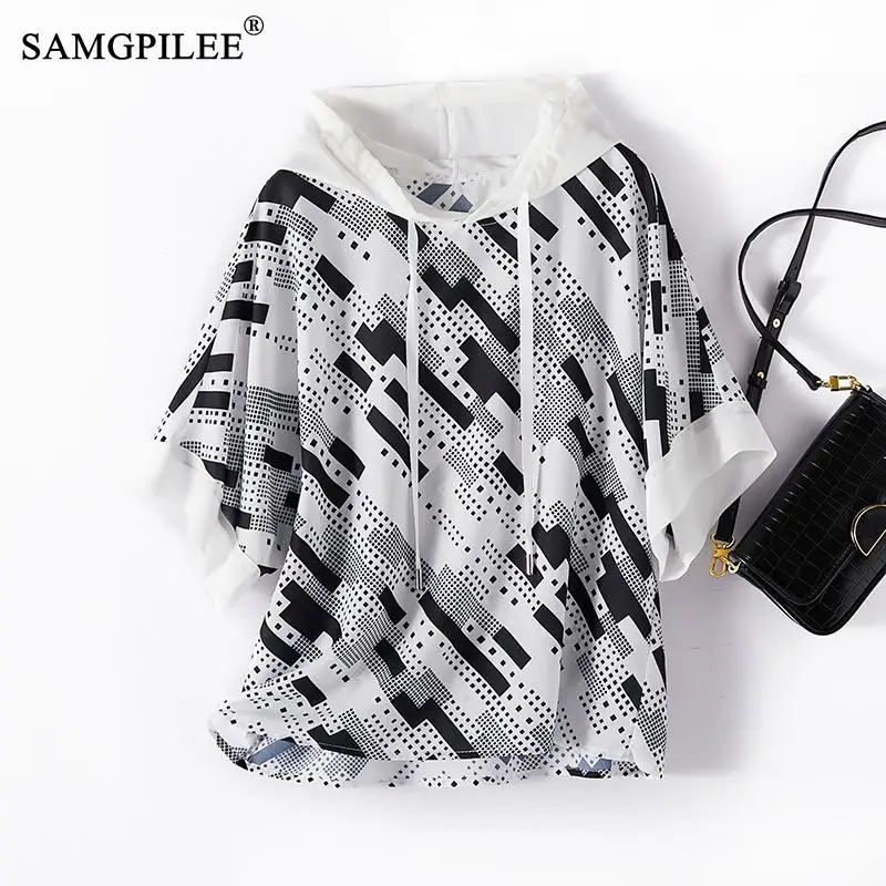 

Women's Clothing 2022 Latest Fashion Summer Korean Style Geometric Figure Hooded Raglan Sleeve Chiffon Oversized T-shirt 4XL