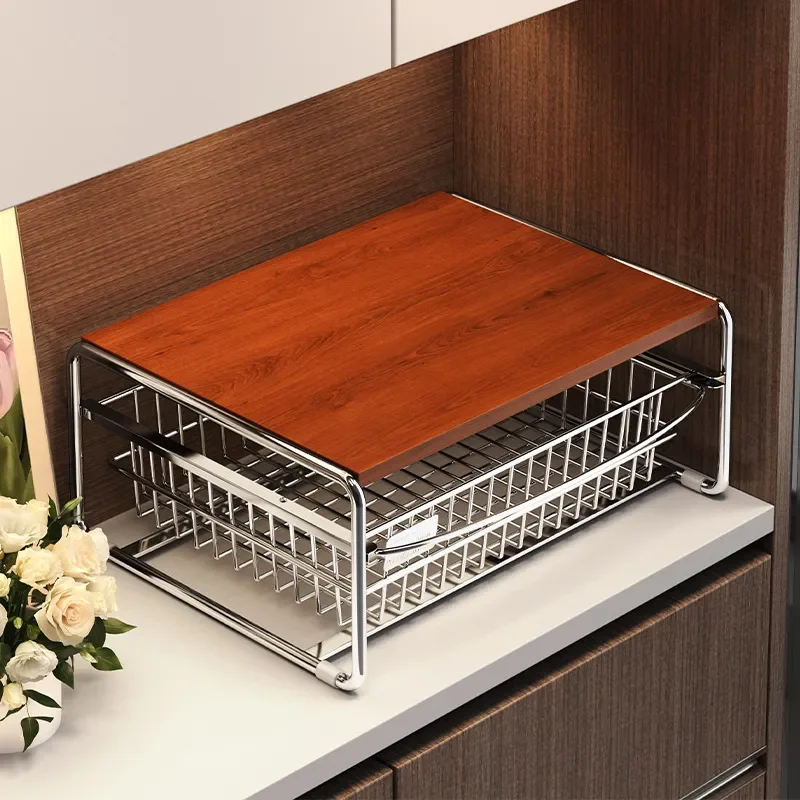 Solid Wood Coffee Station Organizer with Drawer Storage Rack for Dining Room Sideboard Cup Holder Bar Counter Utensil Display