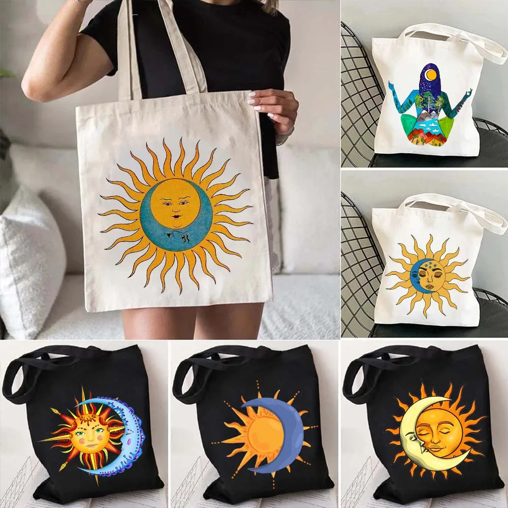 

Винтажная холщовая большая сумка Mystical Celestia Solar Eclipse Sun and Moon Goddess Stars с абстрактным рисунком линий, хлопковые сумки-шоппер