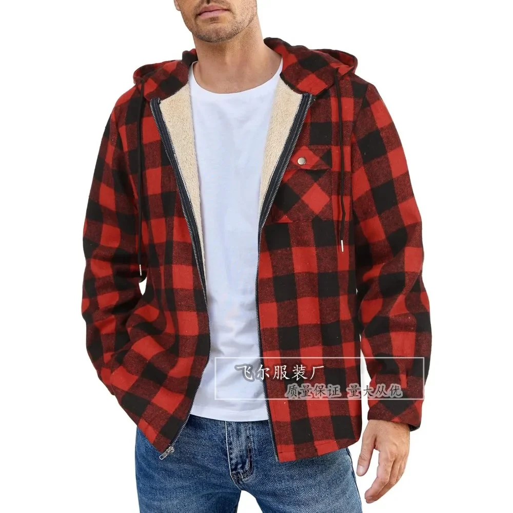 Winter Thick Warm Flannel Hooded Jacket Mens Sherpa Fleece Lined Coats Button Casual Plaid Shirt Jacket for Male Pockets Outerwe