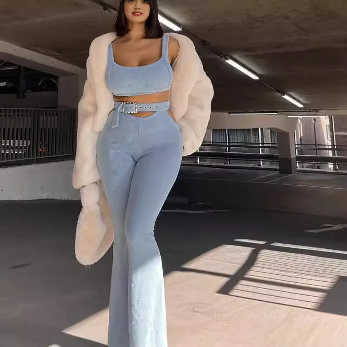 Pant Set Women Two Piece Sets Sexy Matching Sets Short Tops Vests Long Flare Pants High Waist Slim Bodycon Y2k Streetwear 2025