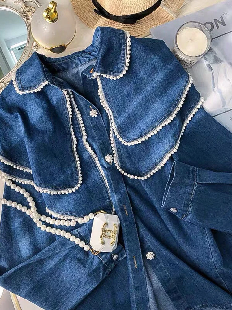 Neck Denim Shirt Loose Women\'s 2023 Spring New Shirts And Blouses Women\'s Clothing Beautiful Women\'s Blouses