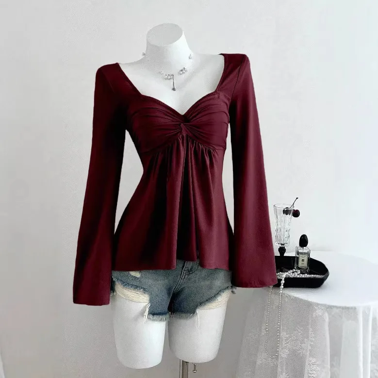 2026 New V Neck Long Sleeve Pleated Waist Cinching Casual Top Women Fashion Versatile Solid Color Elegant Temperament T Shirt