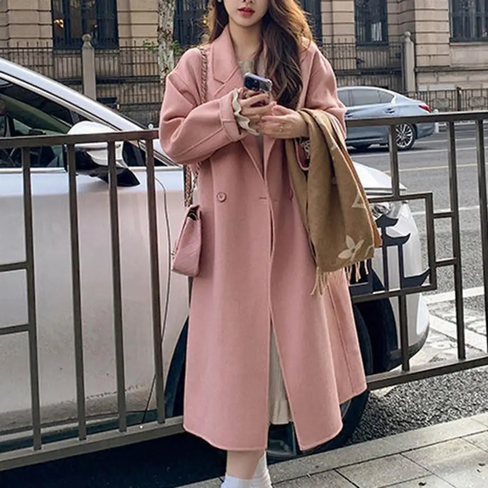 Women Double-Breasted Wool Cashmere Coat Fashion Long Turn-down Collar Belt Woolen Coats Lady Loose Tweed Jacket Autumn Winter