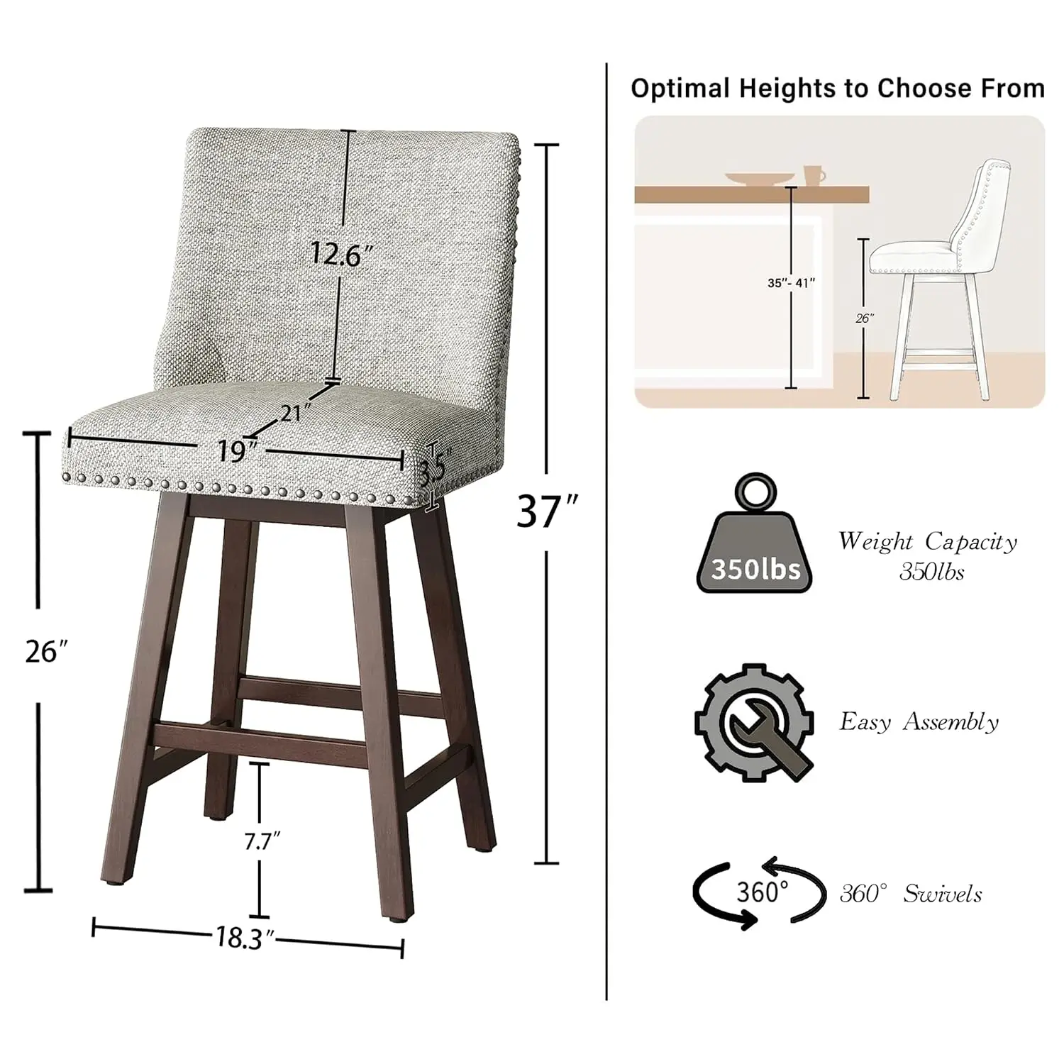 Swivel Bar Stools 4pcs, 26 Inch Upholstered Kitchen Counter Chairs, Wood Legs & Footrest, Linen Fabric, Customized