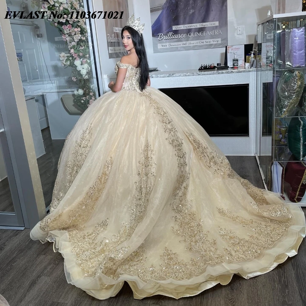 EVLAST Glitter Champagne Quinnceanera Dress Ball Gown Gold Lace Applique Beading Corset Sweet 16 Vestidos De 15 Anos SQ574