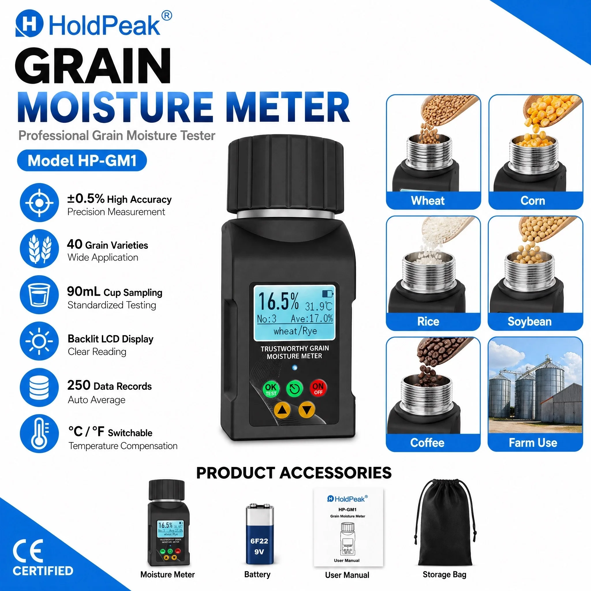 T9-W65pro Cup-Type Grain Moisture Meter 40 Grains ±0.5% Accuracy 250 Data Storage Backlight 9 Languages for Wheat Corn