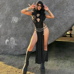OMSJ Women Gothic 2024 Black Hooded Knitted High Split Long Dress Hollow Sexy See-through Straight Dress Festival Rave Club Wear
