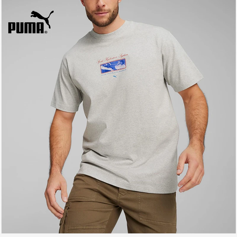 Puma Authentic Character Printed Round Neck T-shirt Men's Grey Casual Comfortable Short Sleeve 624051-04