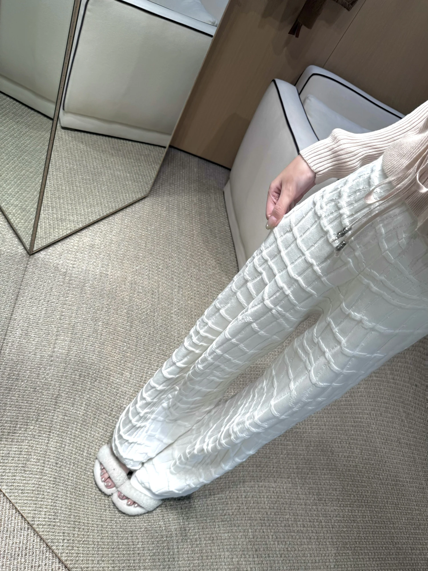 

Ele Crocodile Pattern Knitted Pure Cotton Casual Pants Draped Design Boutique De Viola Women's Faion Straight Leg Trousers