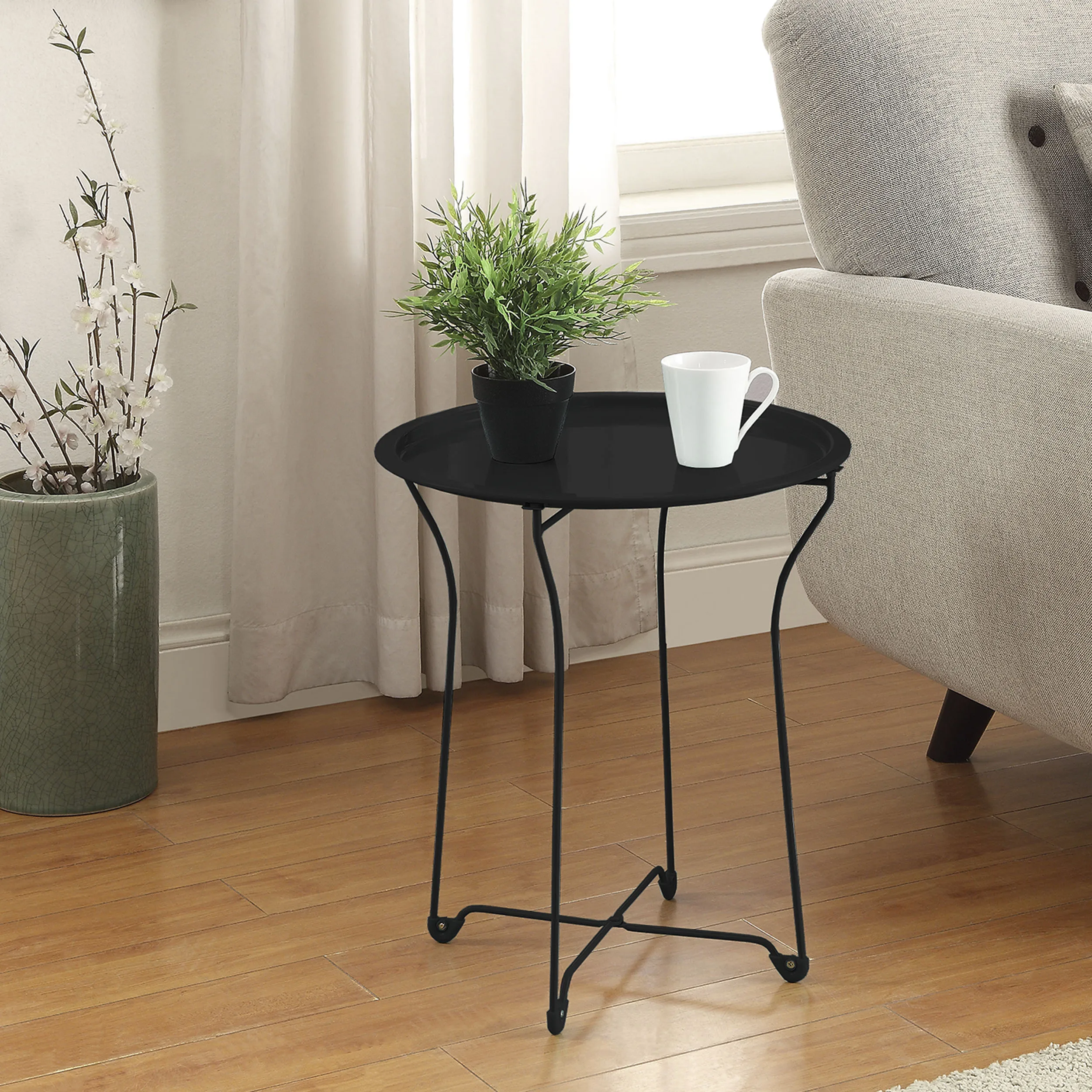 Foldable Side Table, Removable Table Top, Powder-Coated Metal in Black