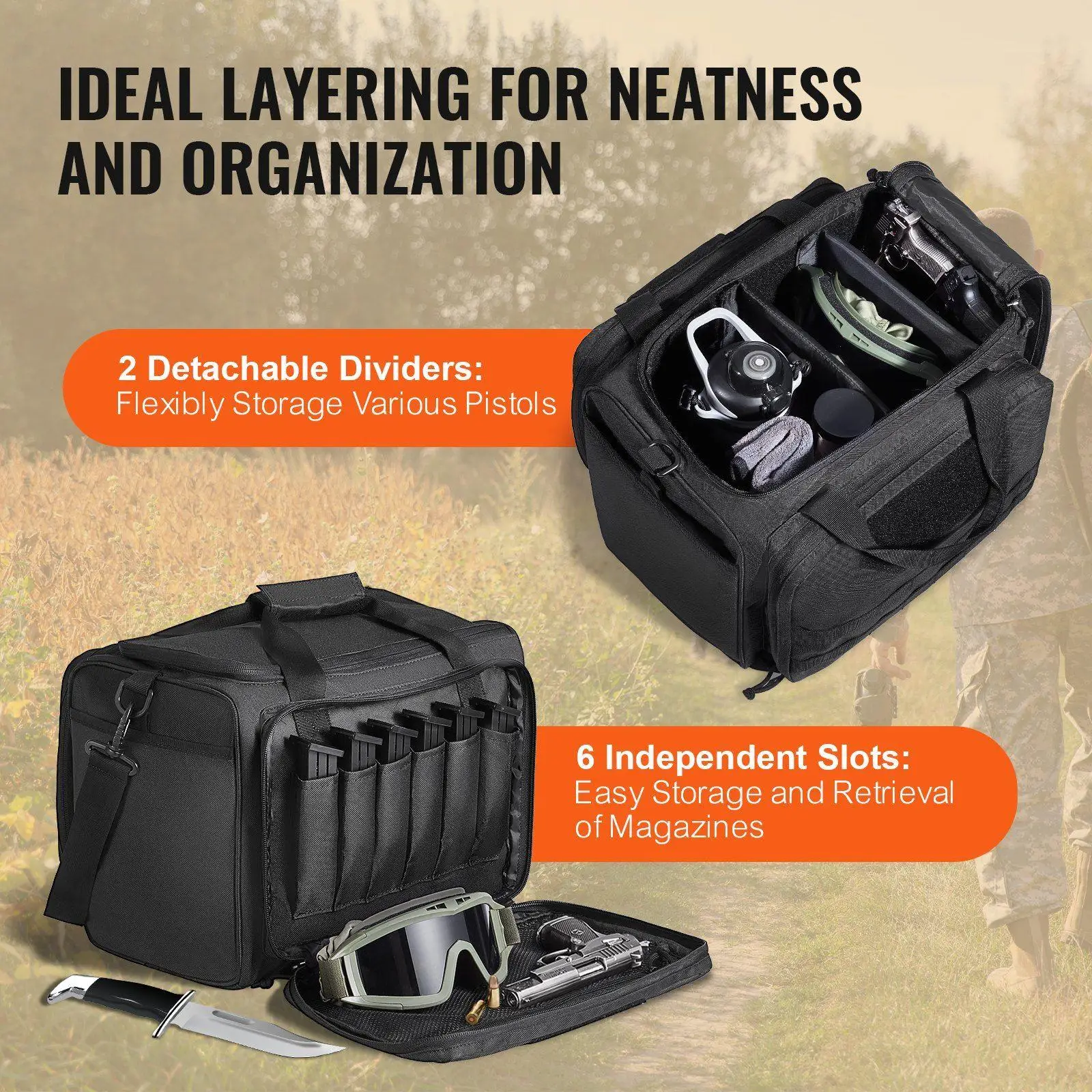 Bolsa durável para alcance de pistola, capacidade de 3 pistolas, 6 bolsas magnéticas, 14,2x12,2x10,2 pol. 600D, painéis molle de poliéster, zíperes com fechadura