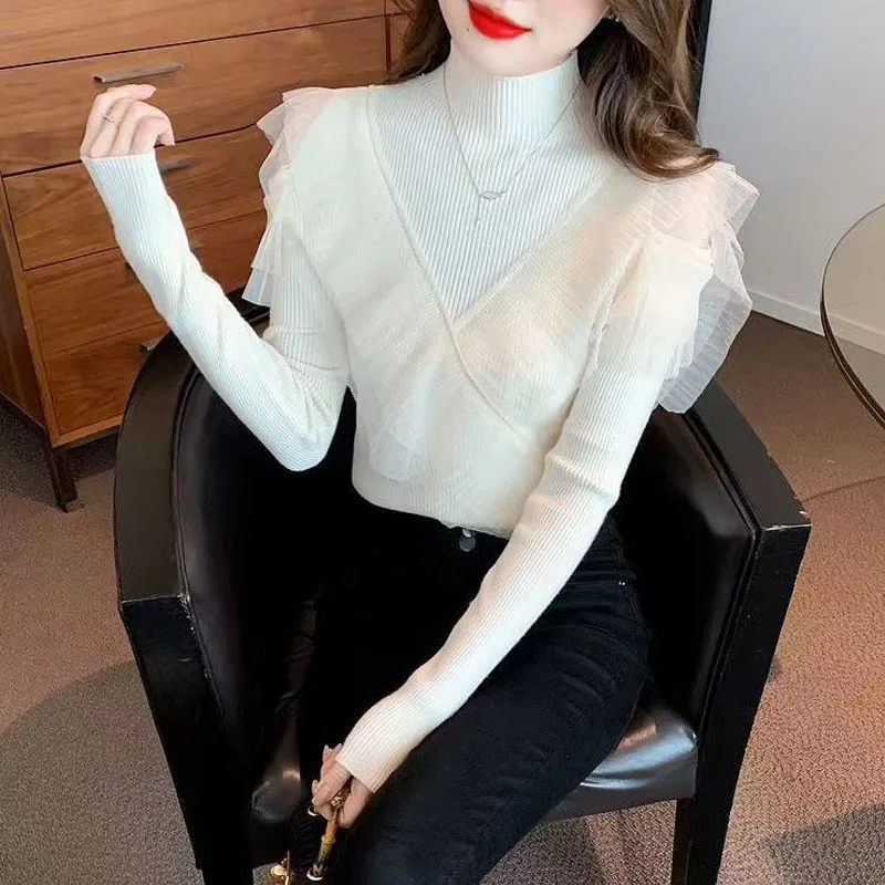 

2023 Autumn and Winter Women's Half High Collar Off Shoulder Sweater Mesh Solid Color Long Sleeve Versatile Comfortable Top