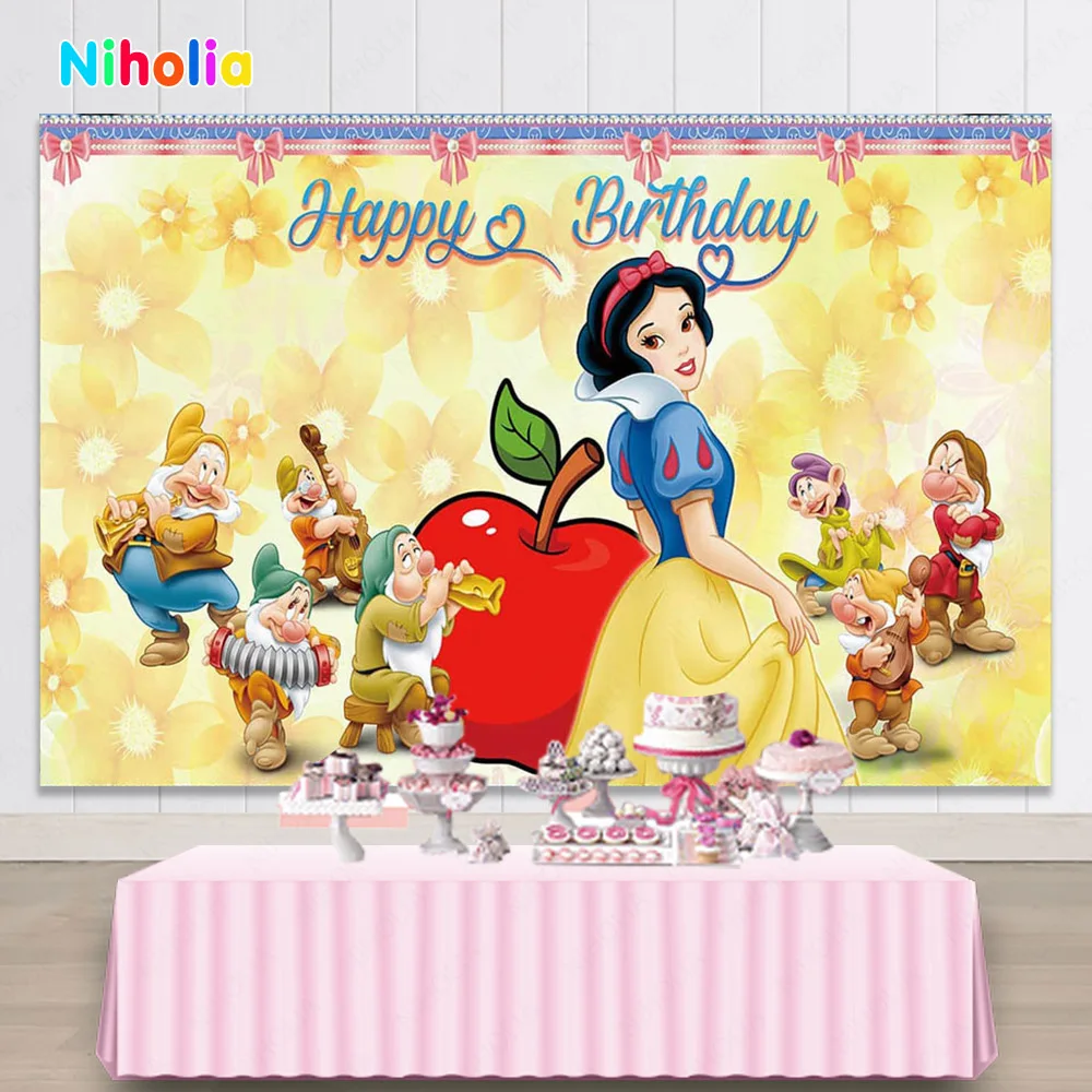 Disney Snow White Princess Background Decor Kids Girl Birthday Party Backdrop Seven Dwarfs Baby Shower Room Photo Banner Poster