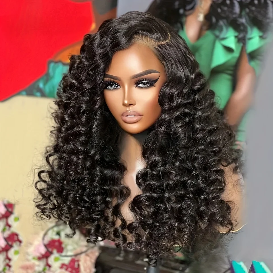 

Preplucked Synthetic Soft 26Inch Long Black Curly 180Density Deep Wave Lace Front Wig For African Women Babyhair Daily Cosplay