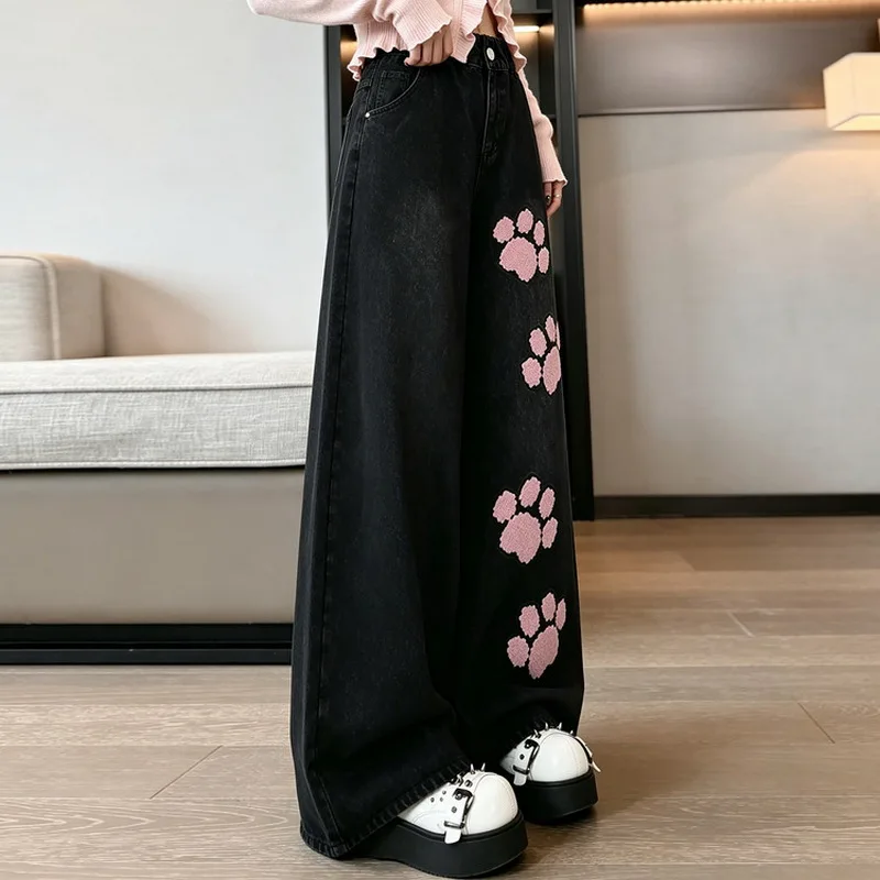 Girls Autumn Wide Leg Jeans with Towel Embroidery Design Kids High Fashion Street Denim Pants Children's Loose Straight Trousers