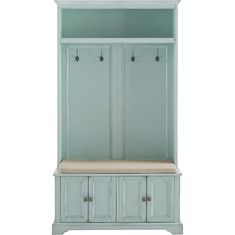 Crosley Furniture Holbrook Hall Tree with Shoe Rack Bench and Coat Hooks for Hanging Storage, Distressed Seafoam Blue