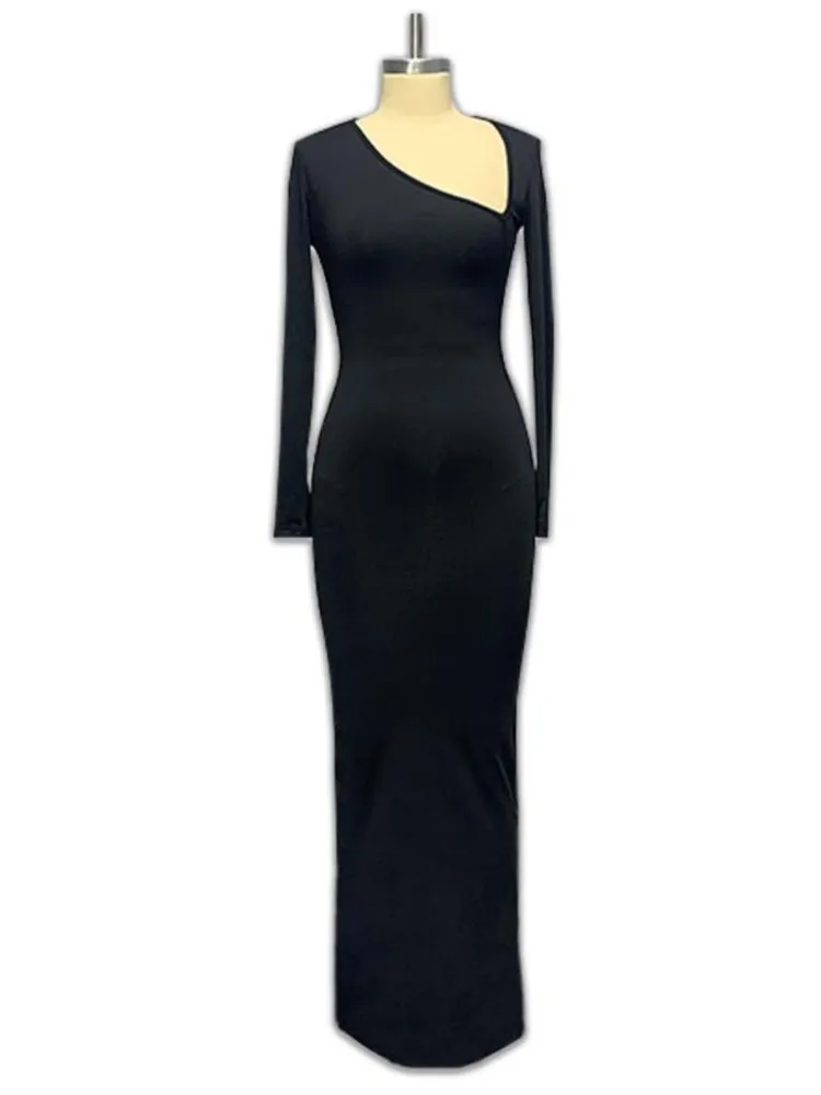 Robe femme vêtements élégant col incliné à manches longues moulante Sexy automne boîte de nuit fête longues robes tempérament robes