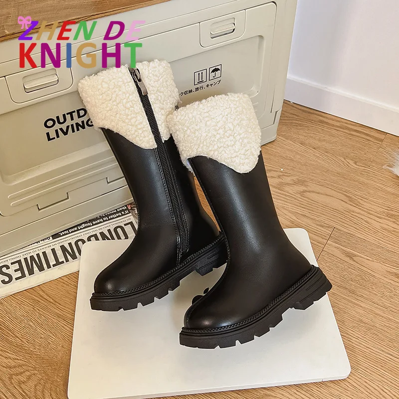 

Осенне-зимние кожаные сапоги до колена для девочек, новинка 2025, черные детские шерстяные плюшевые высокие сапоги на флисовой подкладке